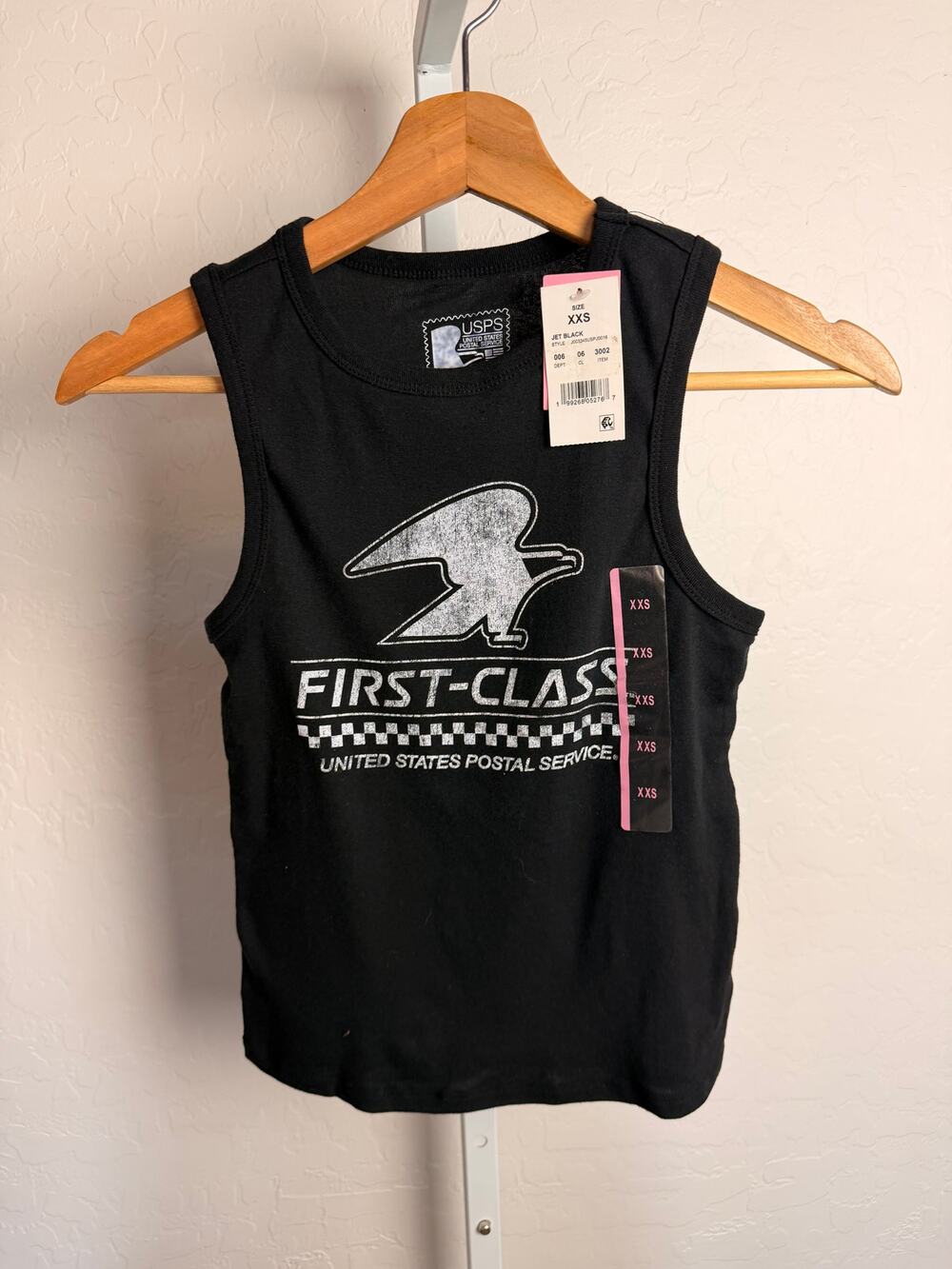 USPS First-Class Graphic Tank Top Women’s XXS Black Sleeveless Shirt NWT